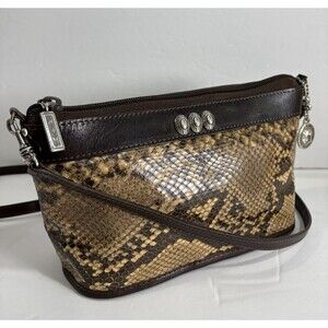 Vtg Brighton One World Brown Leather Snake Print Shoulder Bag Purse Crossbody